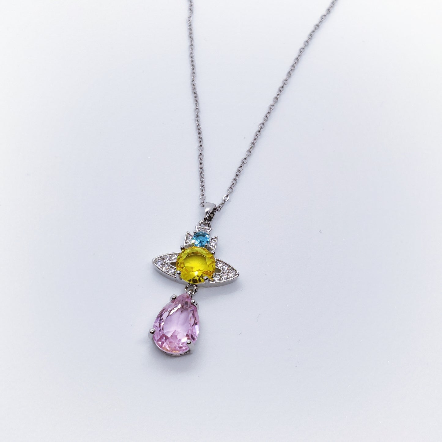 "Orb" Pink, Yellow, Blue Zircon Silver Necklace