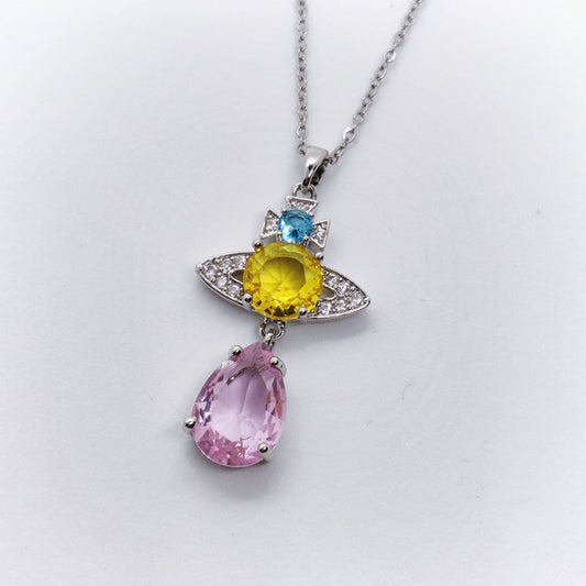 "Orb" Pink, Yellow, Blue Zircon Silver Necklace