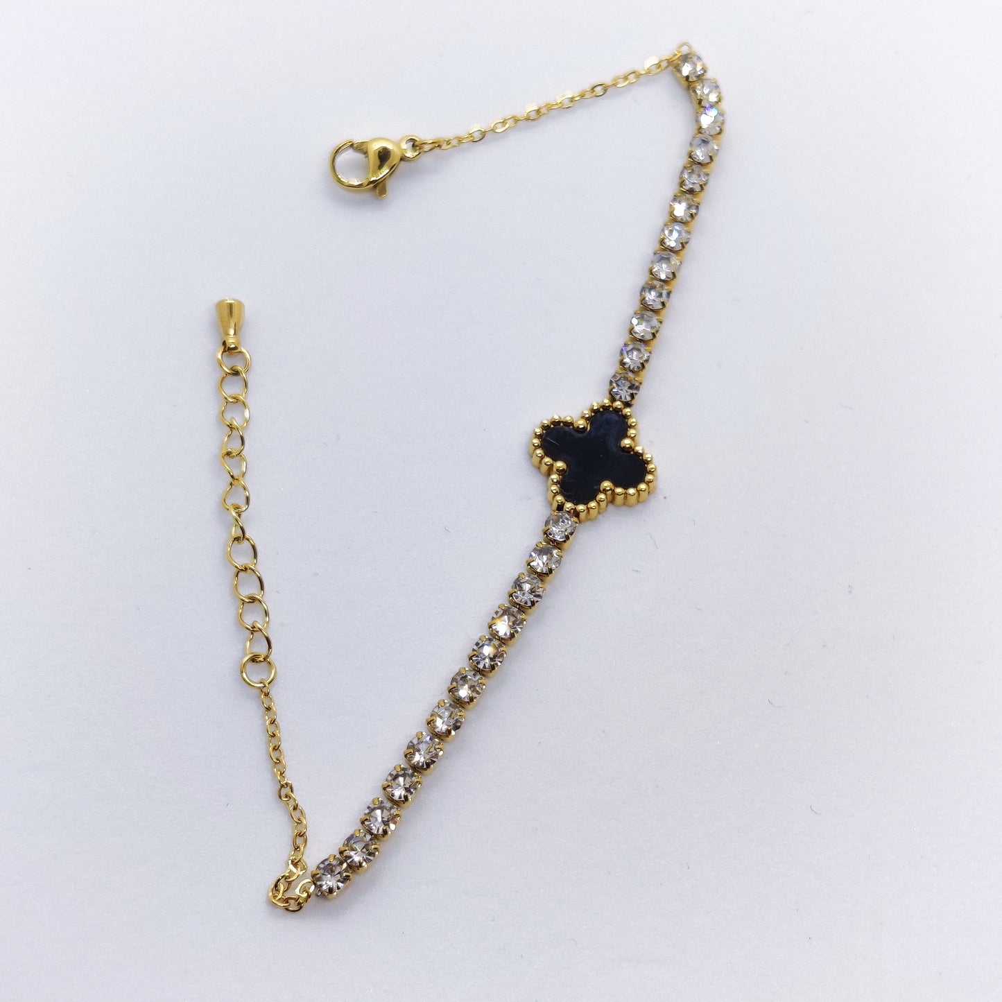 "Lucky" Black Clover Silver Zircon 18K Gold Bracelet