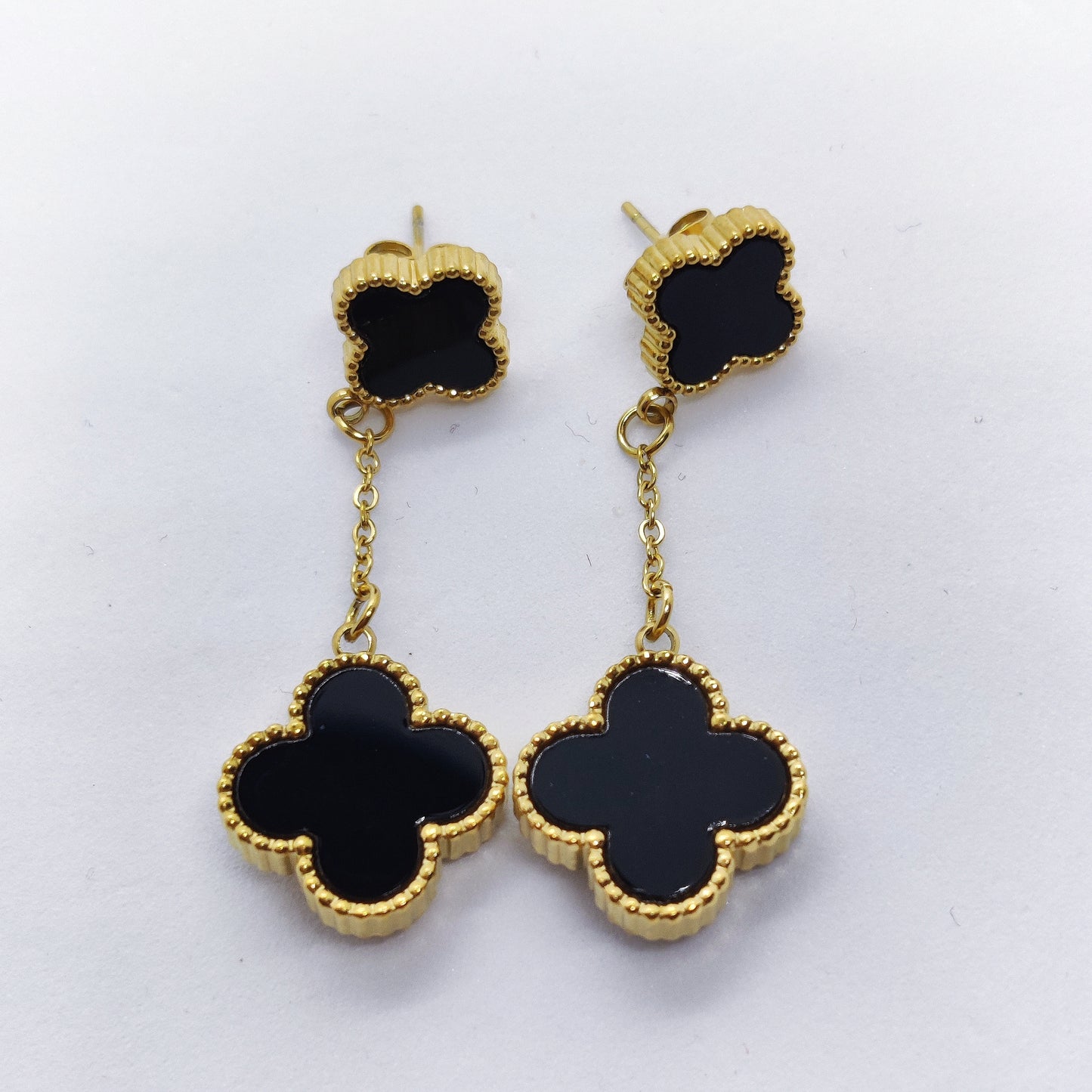 "Lucky" Black 18K Gold Clover Double Sided Dangle Earrings