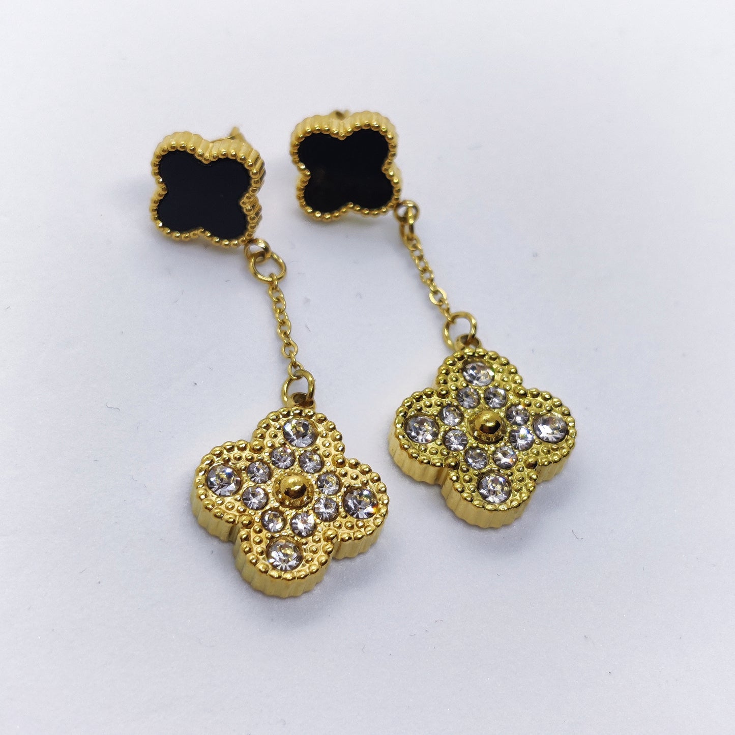 "Lucky" Black 18K Gold Clover Double Sided Dangle Earrings