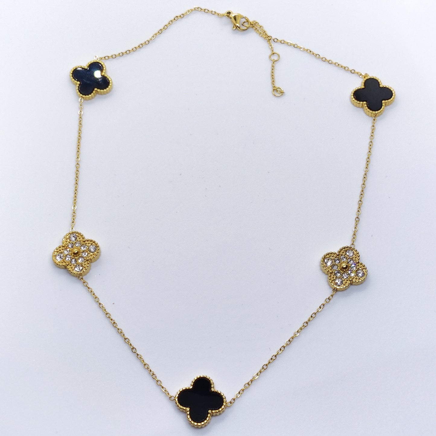 "Lucky" Black and 18K Gold Zircon 5 Clover Necklace