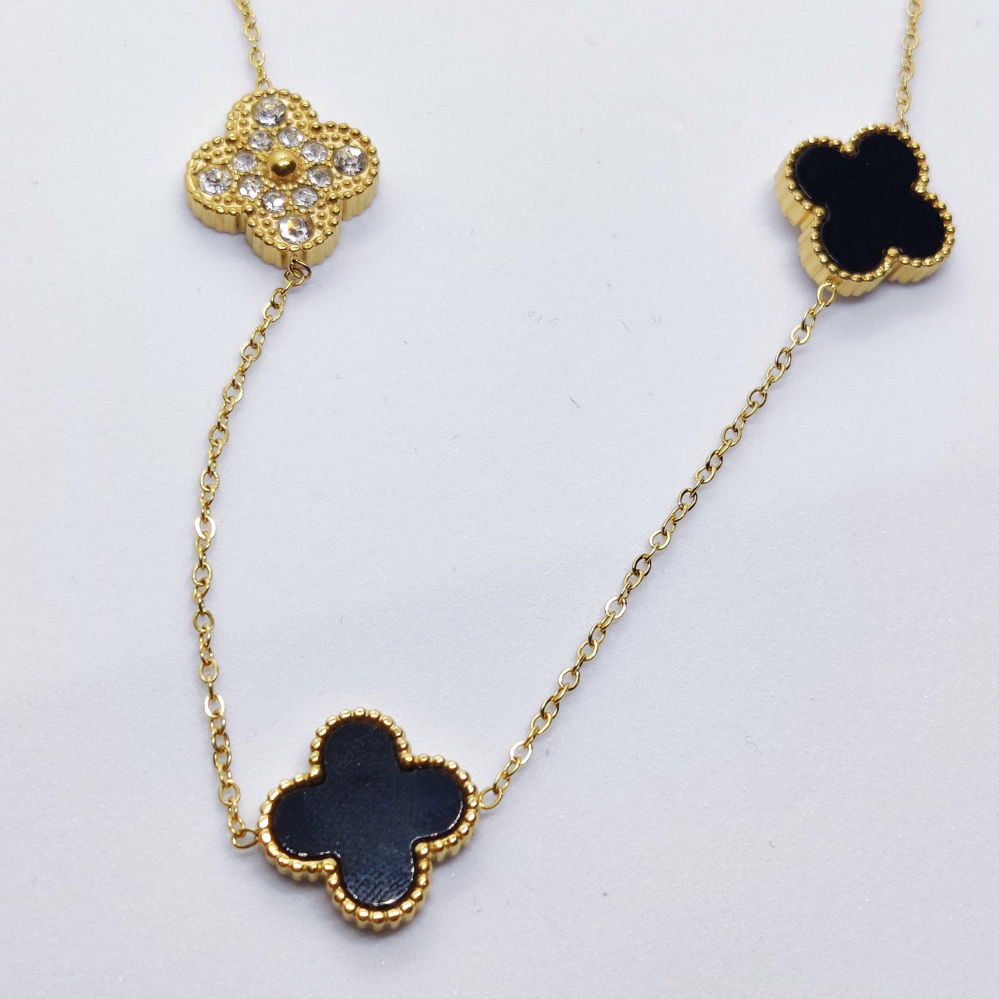 "Lucky" Black and 18K Gold Zircon 5 Clover Necklace