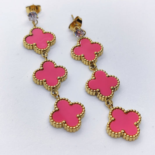 LIMITED EDITION "Lucky" 3 Pink Clover Dangle Zircon Earrings