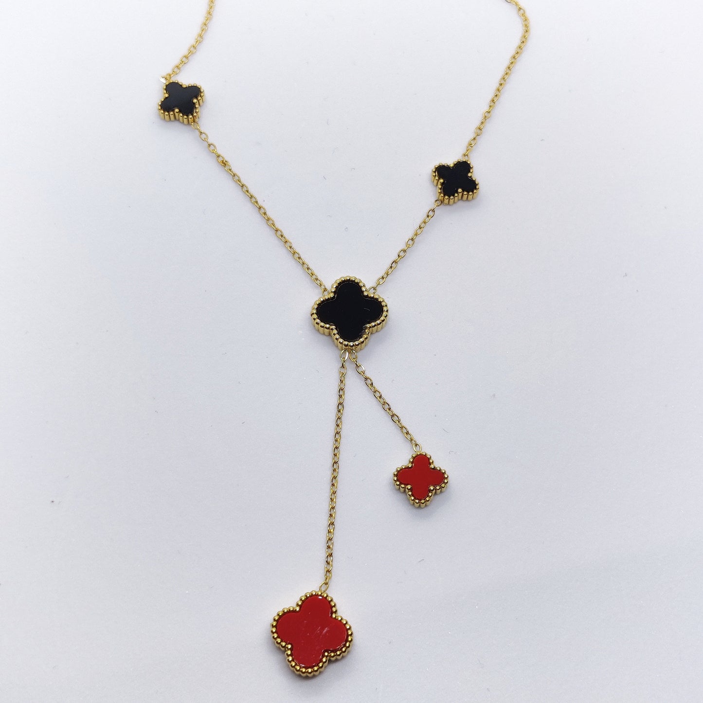 "Lucky" Double Sided Black and Red Clover 18k Gold Necklace