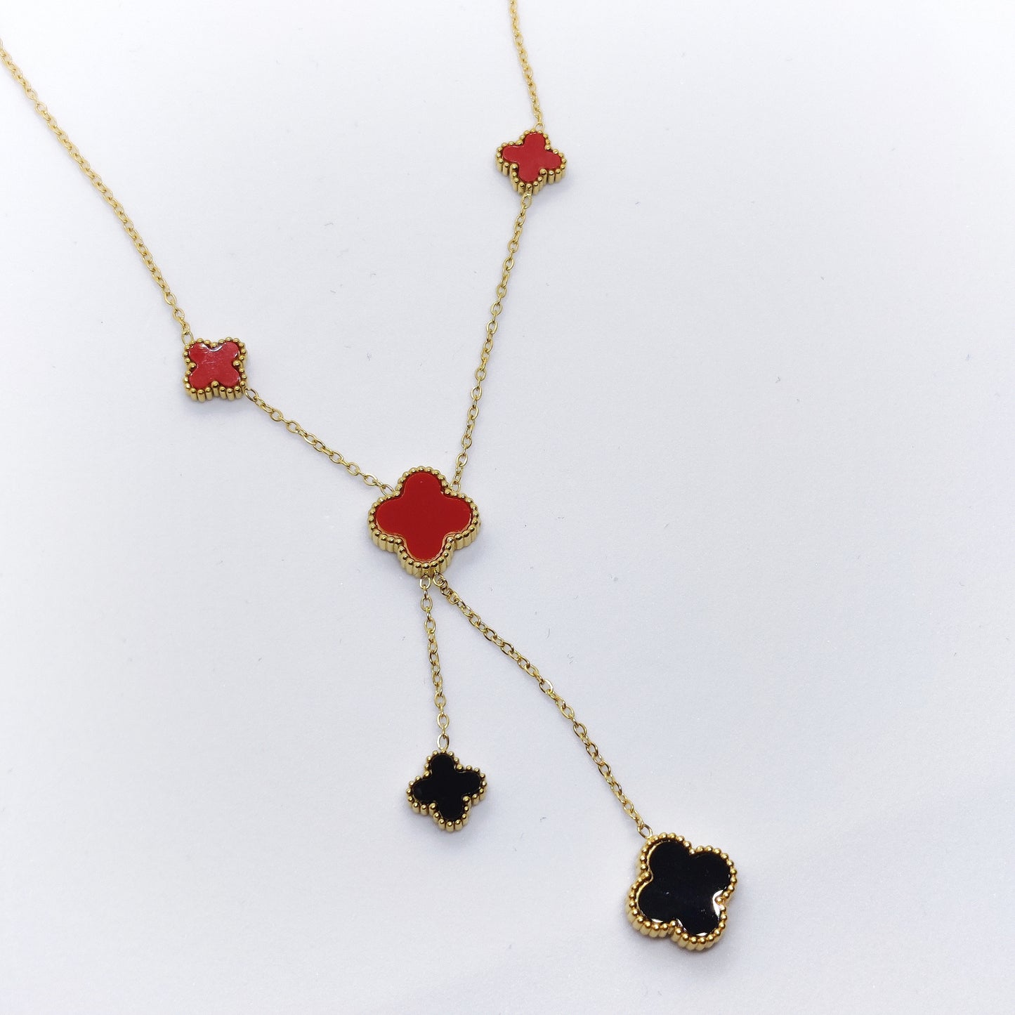 "Lucky" Double Sided Black and Red Clover 18k Gold Necklace