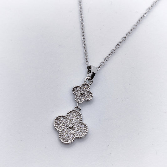 "Lucky" 2 Silver Zircon Clover Necklace