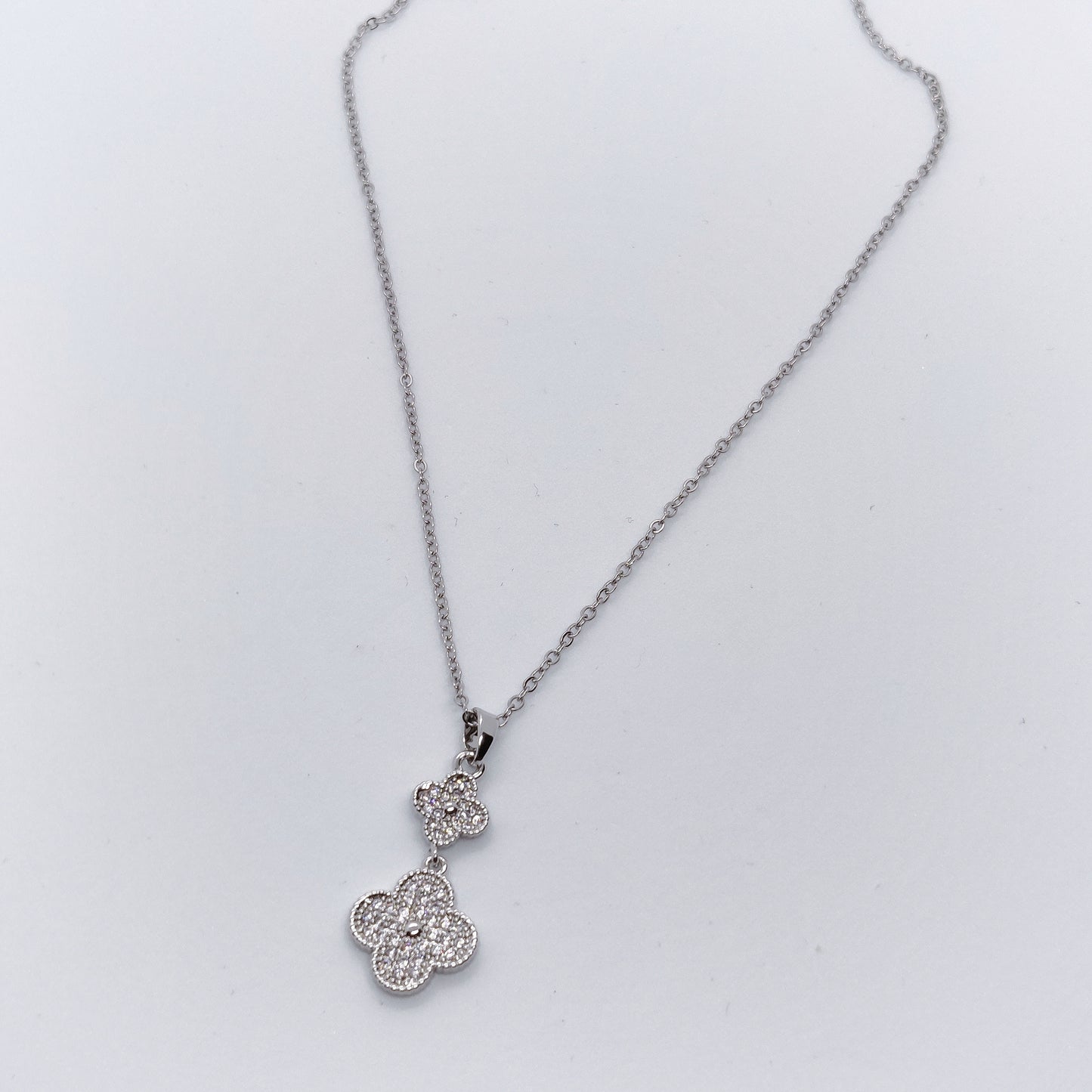 "Lucky" 2 Silver Zircon Clover Necklace