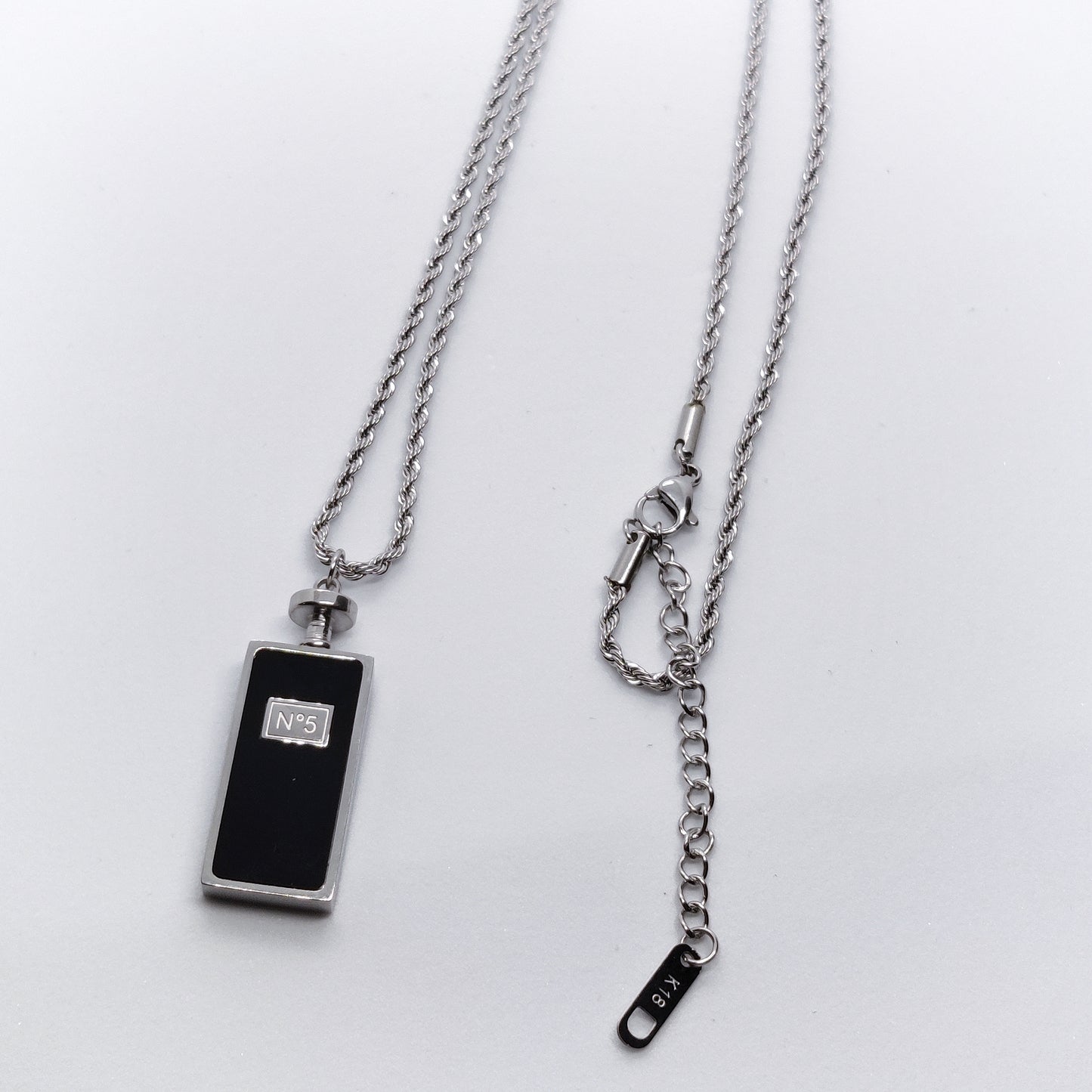 "5ive" Black and Silver Perfume Bottle 60cm Titanium Necklace