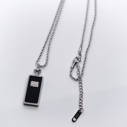 "5ive" Black and Silver Perfume Bottle 60cm Titanium Necklace