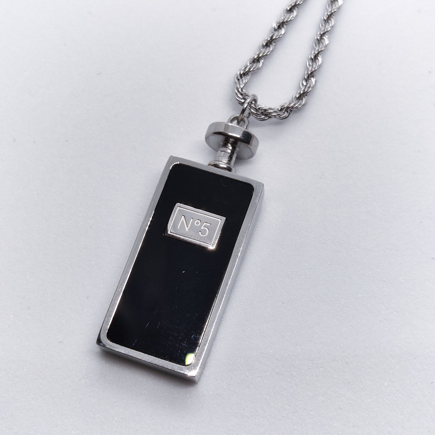 "5ive" Black and Silver Perfume Bottle 60cm Titanium Necklace