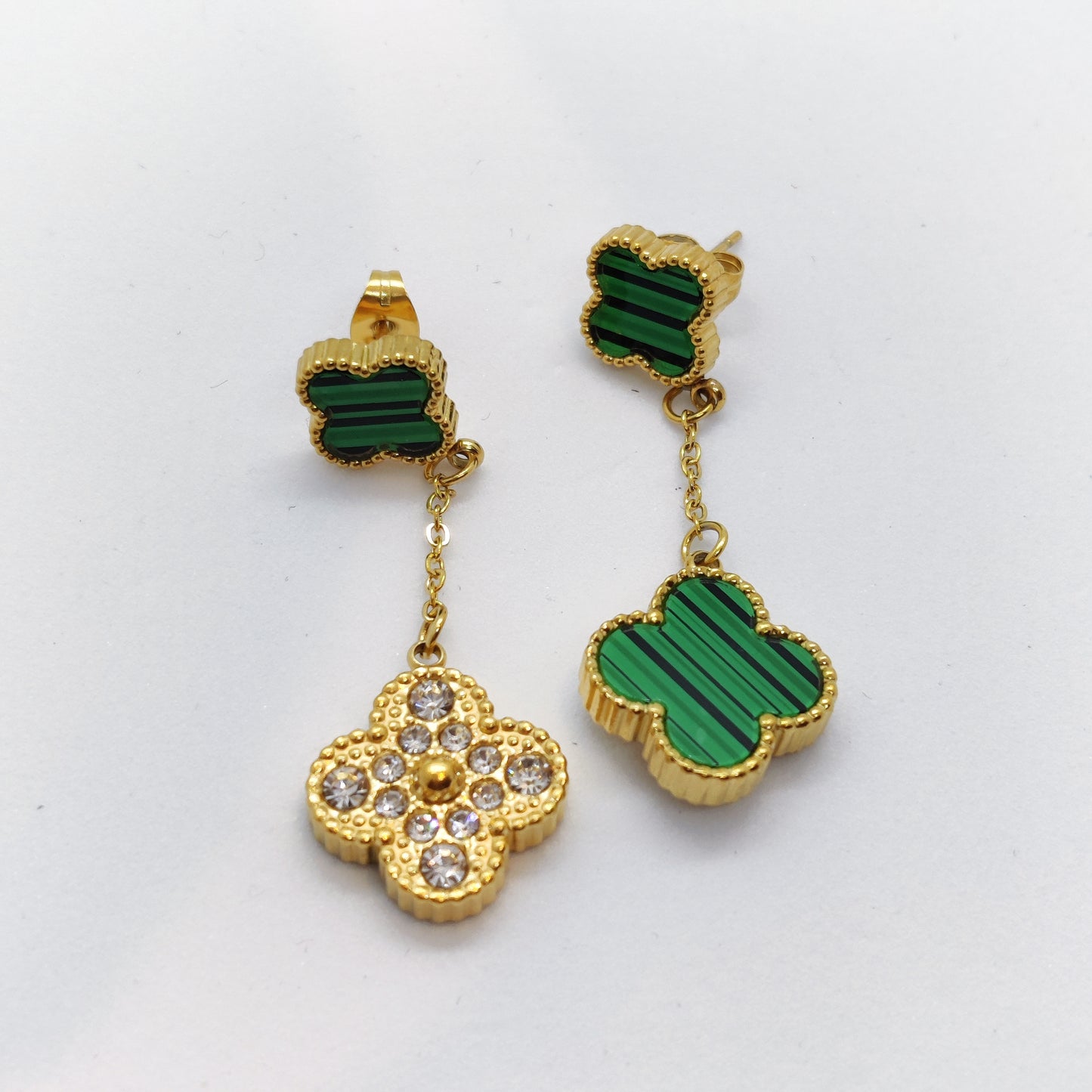 "Lucky" 2 Sided Green Clover 18K Gold Earrings