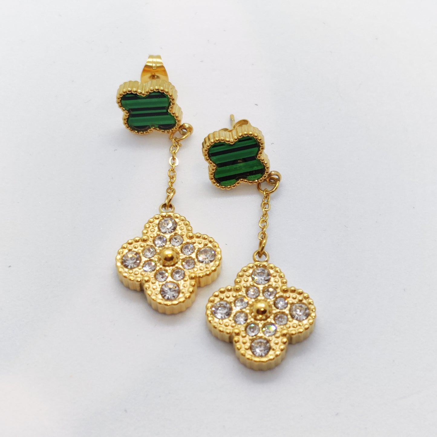 "Lucky" 2 Sided Green Clover 18K Gold Earrings