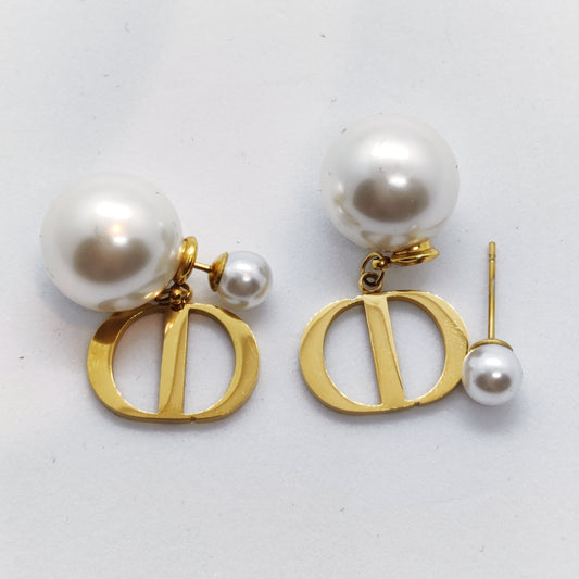 "CD" Pearl 2 Sided 18K Gold Earrings