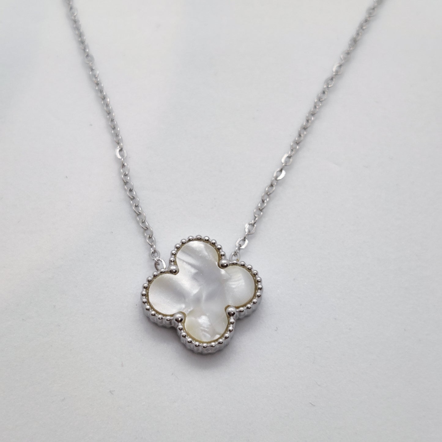 "Lucky" Silver Mother of Pearl Clover Titanium Necklace