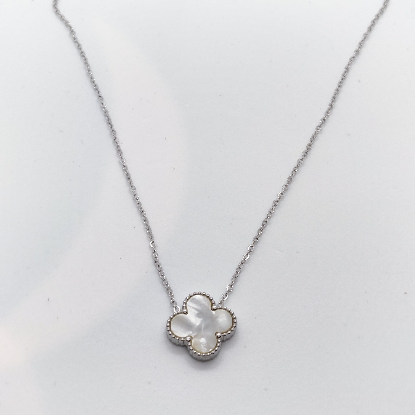 "Lucky" Silver Mother of Pearl Clover Titanium Necklace