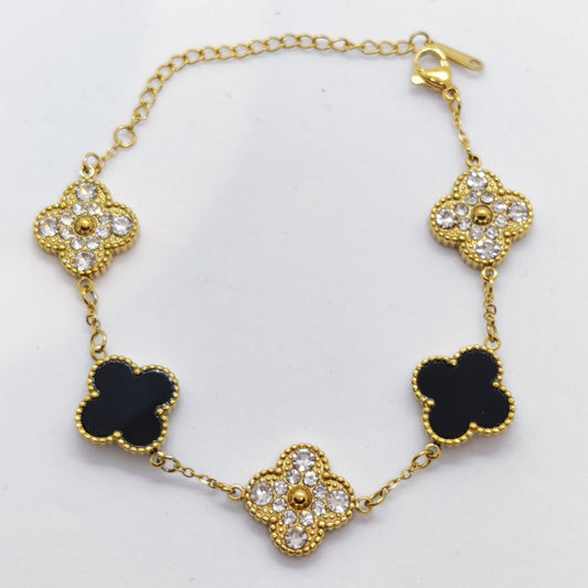 "Lucky" 2 Sided Black Zircon Clover 18K Gold Bracelet