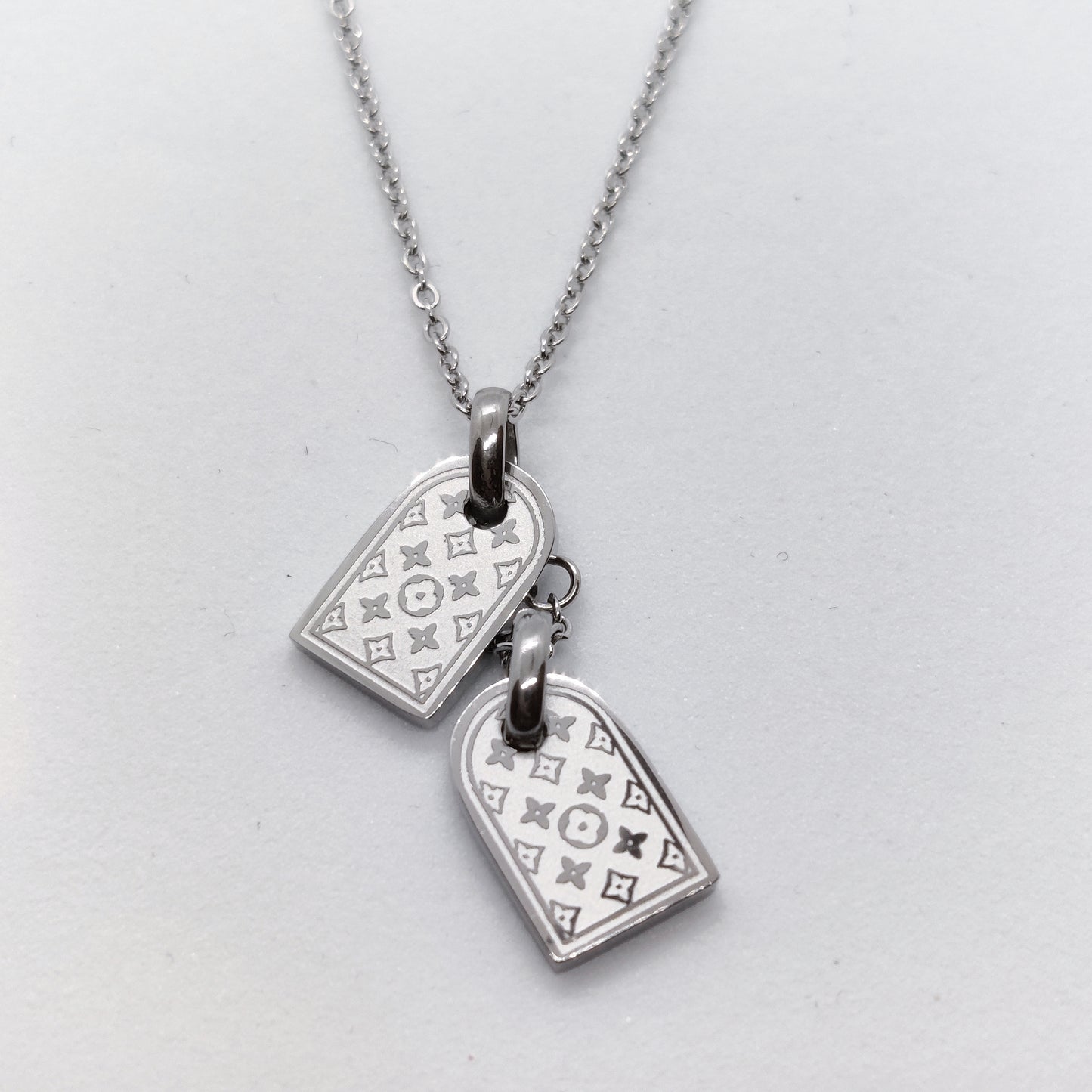 "Floret" 2 Dog Tag Silver Titanium Necklace