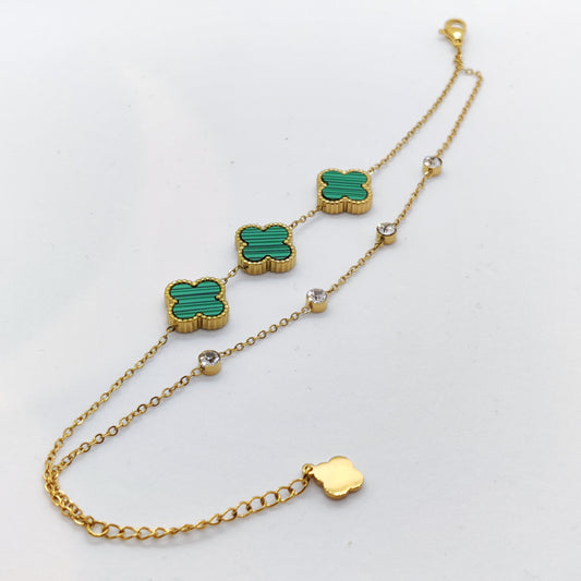 "Lucky" 3 Green Clover Double Layer 18K Gold Bracelet