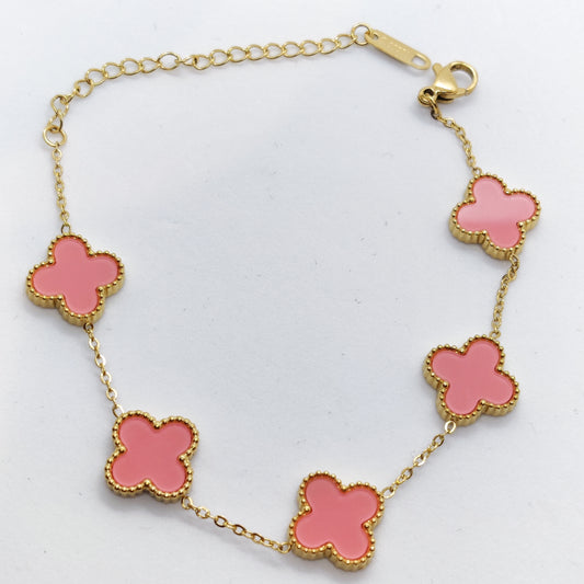 "Lucky" 5 Pink Clover 18K Gold Bracelet