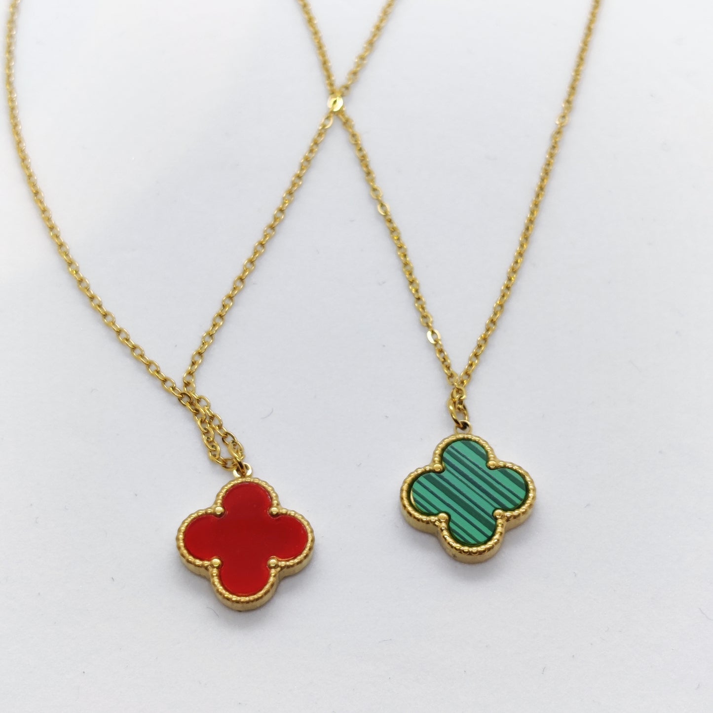 "Lucky" 2 Sided Green and Red Clover 18k Gold Necklace