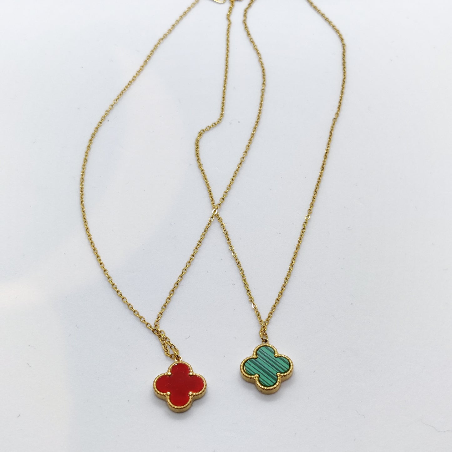 "Lucky" 2 Sided Green and Red Clover 18k Gold Necklace