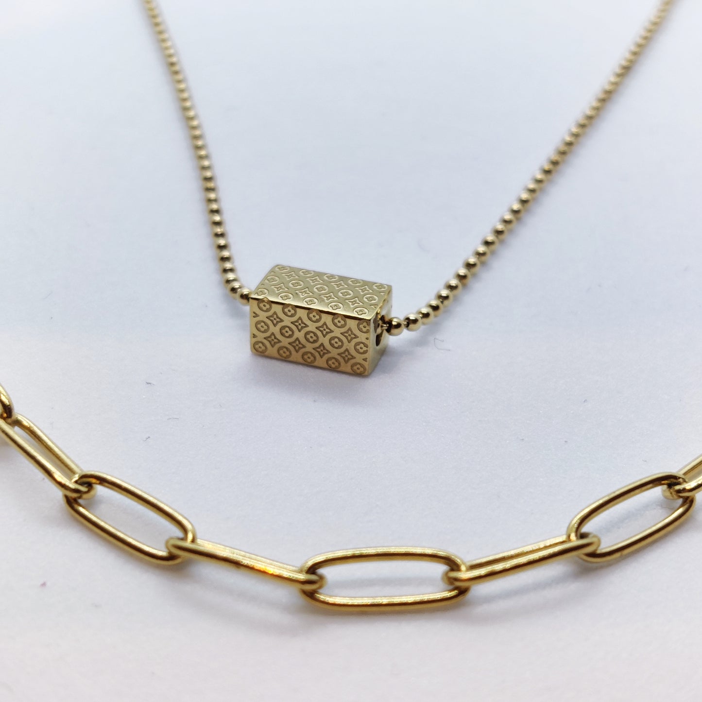 "Floret" 2 Layer Chain and Block 18K Gold Necklace