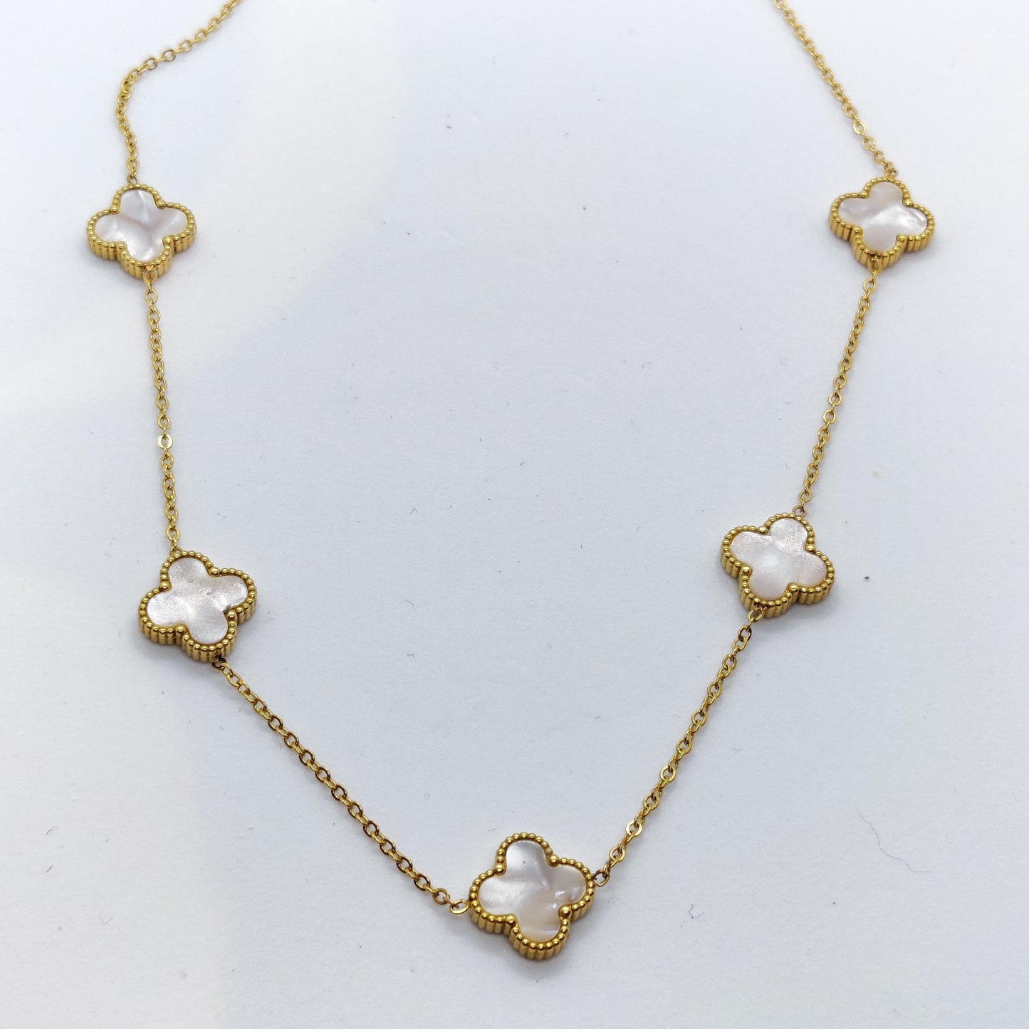 "Lucky" Mother Of Pearl 5 Clover 18K Gold Necklace