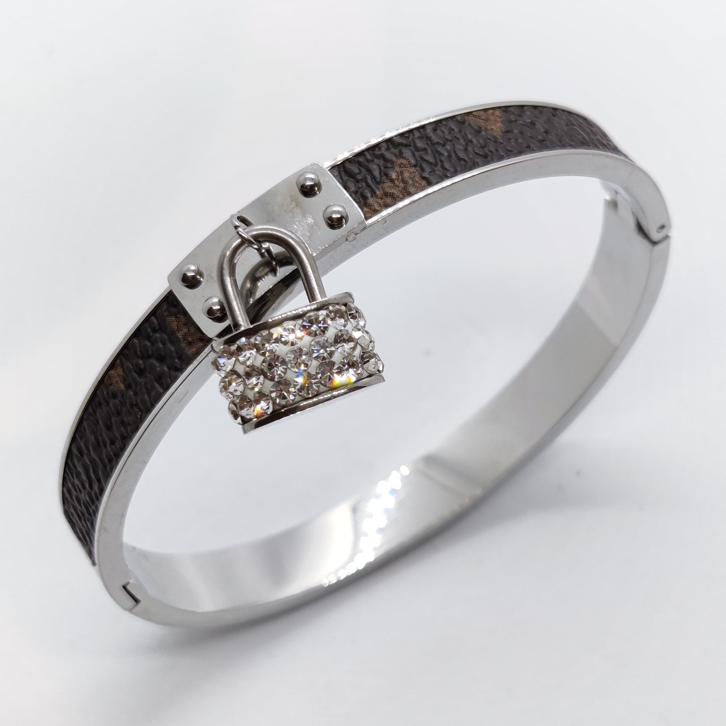 Leather Style Silver Lock Bangle