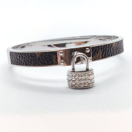 Leather Style Silver Lock Bangle