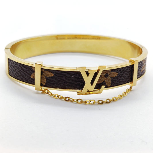 LV Leather Style 18K Gold Titanium Bangle