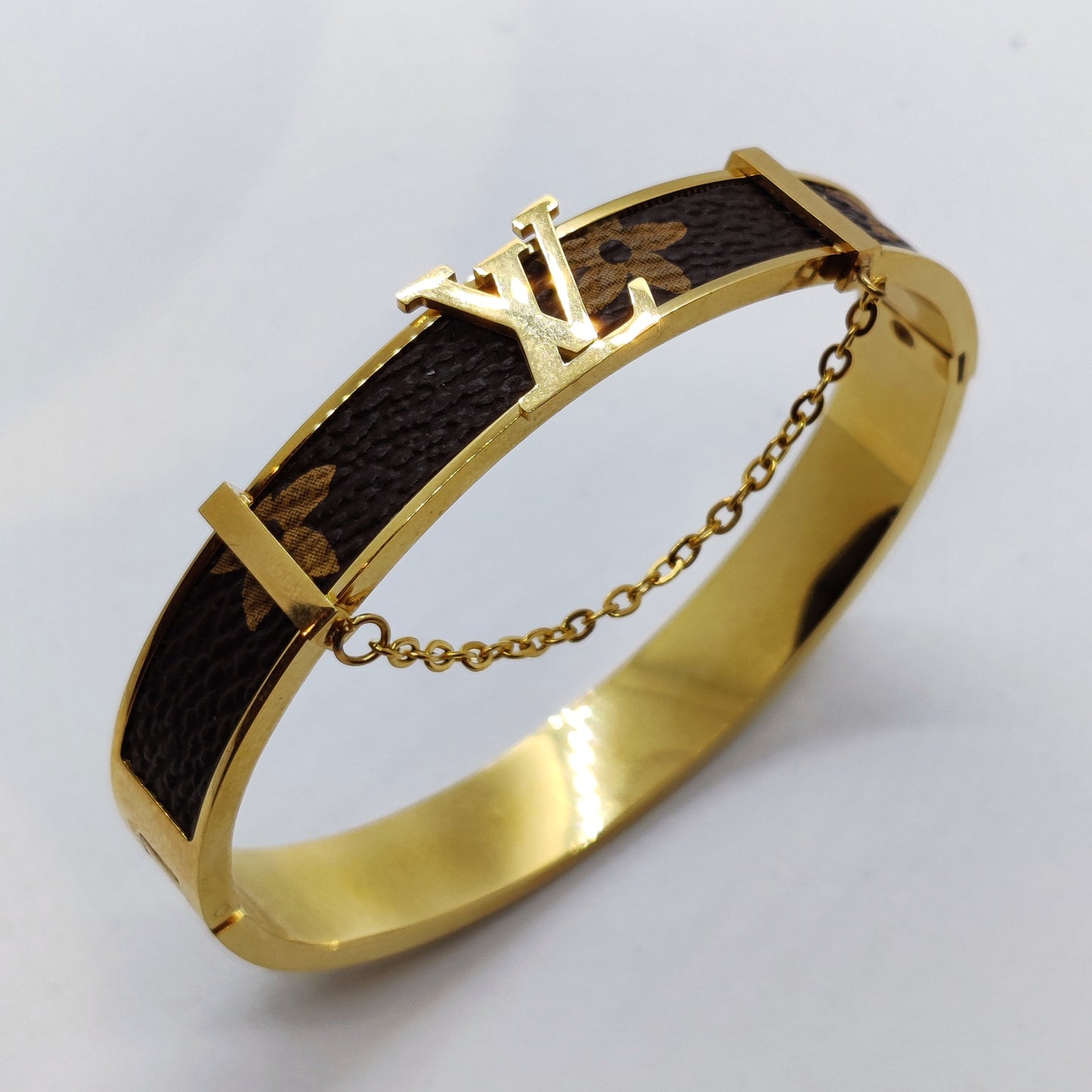 LV Leather Style 18K Gold Titanium Bangle