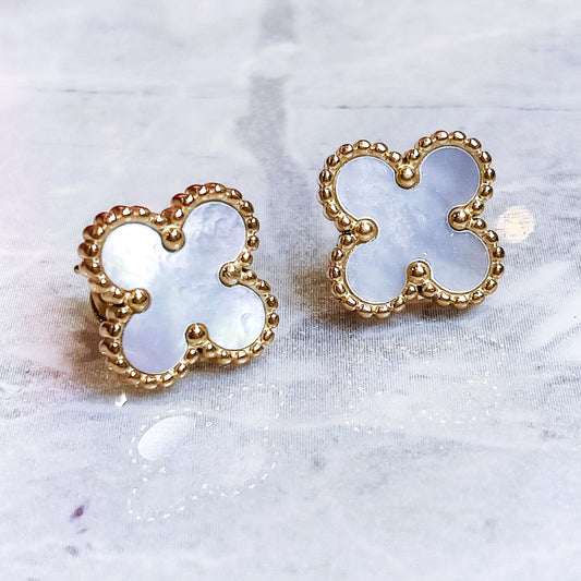 "Lucky" Clover White Pearl 18K Gold Earrings