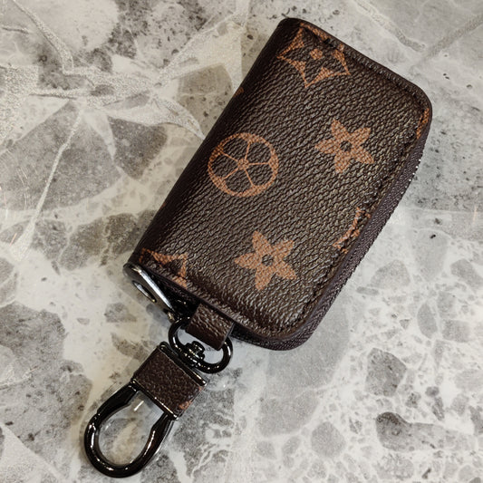 Brown Flower PU Key Ring Case