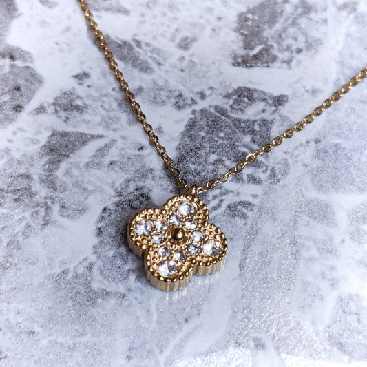 "Lucky" Zircon And Pearl Double Sided Clover 18K Gold Necklace