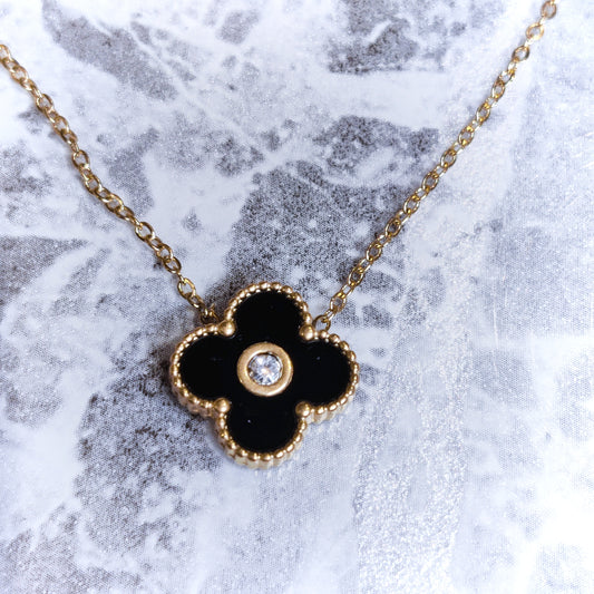 "Lucky" Black Clover Zircon 18K Gold Necklace